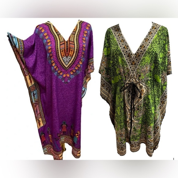 Dresses & Skirts - 80s 2PCs KAFTANS 1 PURPLE WHIMSICAL DASHIKI EGYPTIAN 1 GREEN PAISLEY PRINT M